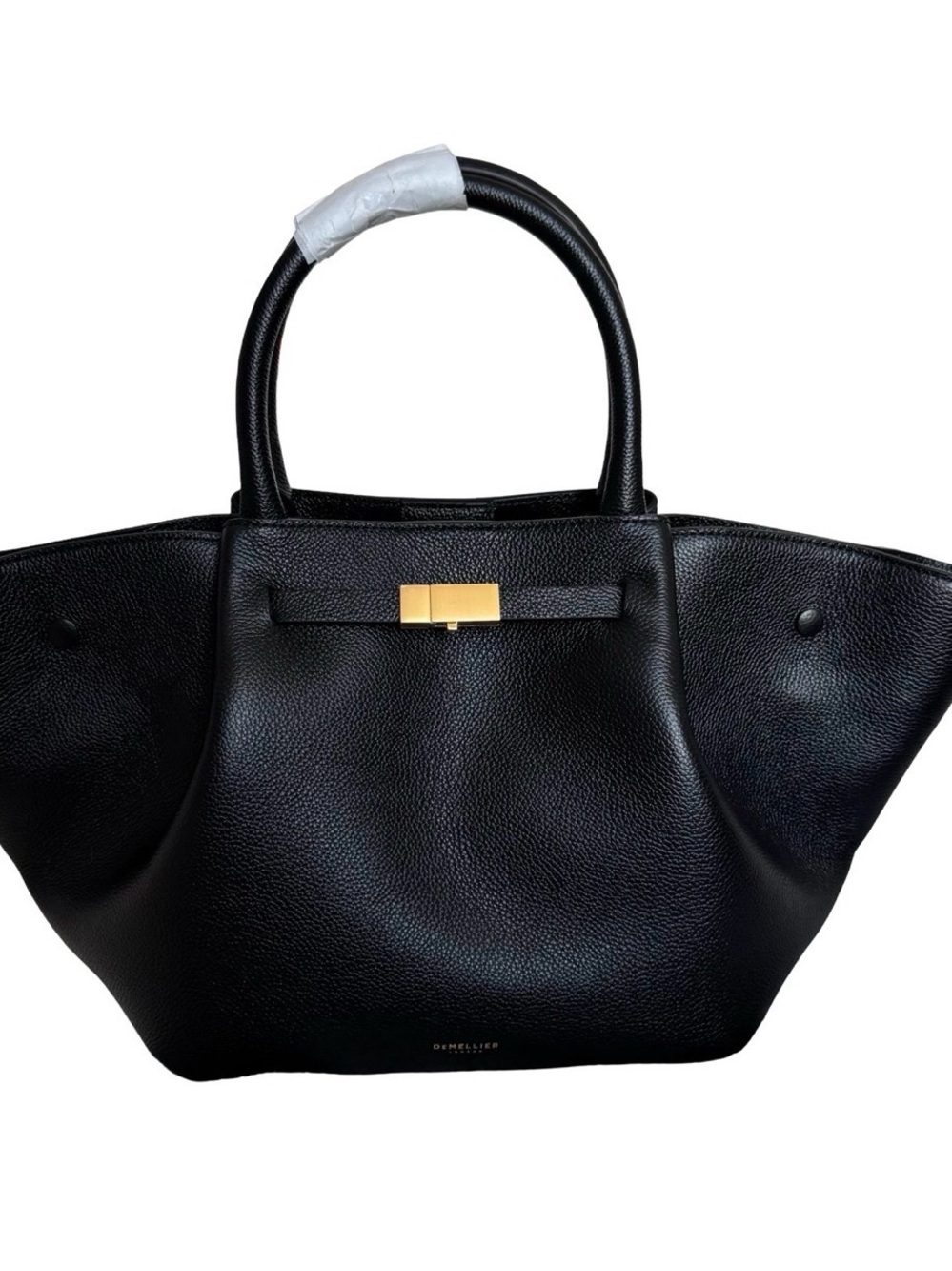 Black Leather Structured Tote Bag with Gold Hardware Demellier Midi New York